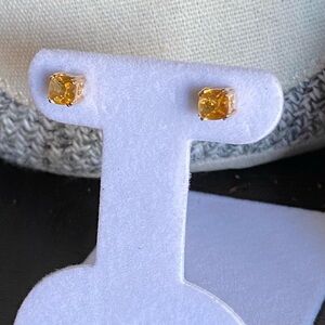 L-12: Well Made Solid 14K YG Cushion Checkerboard cut Citrine Stud Earrings! 5mm